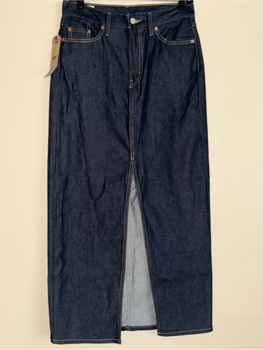 Levi’s Dark Blue Wash Front Slit Midi Denim Skirt Size 26 NWT